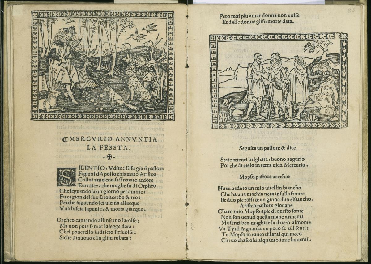 Orpheus, aus: Angelo Poliziano, La Giostra di Giuliano de Medici und La fabula di Orfeo (Piero Pacini da Pescia, Florenz 1513)