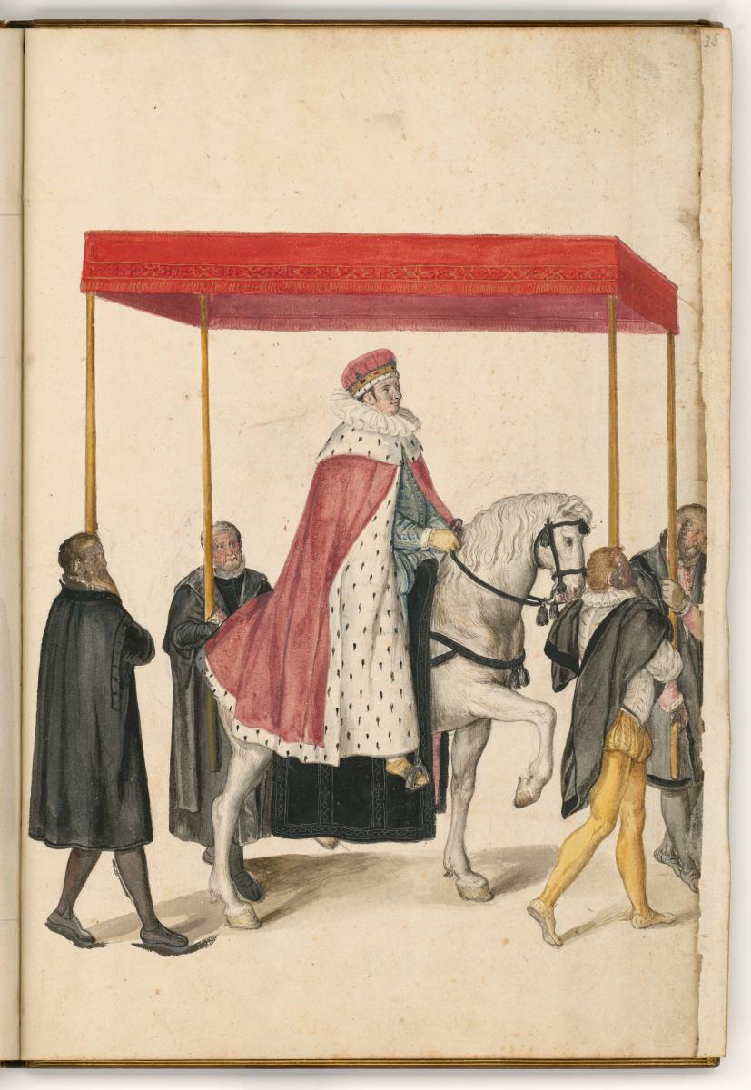 Der Herzog im Krönungsmantel zu Pferd, unter einem roten Baldachin, der von Edelleuten getragen wird. in: Einzug des Herzogs von Anjou in Gent am 20. August 1582
