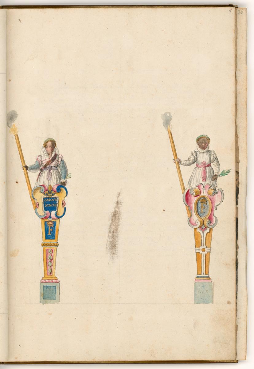 Zwei Fackeln haltende Leuchterweibchen auf Postamenten mit den fürstlichen Insignien. in: Einzug des Herzogs von Anjou in Gent am 20. August 1582