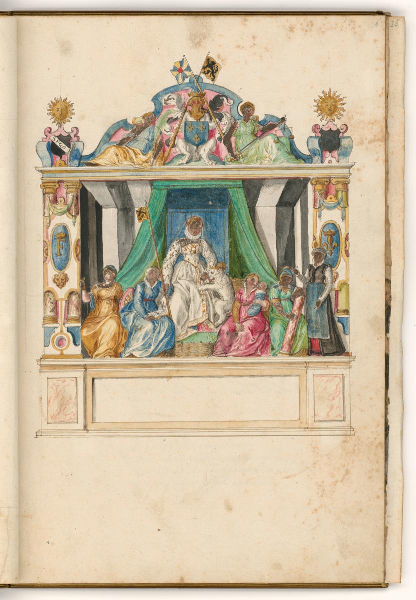 Auf einer Bühne die weiß gekleidete Gestalt Frankreichs mit Löwe und Tugenden. in: Einzug des Herzogs von Anjou in Gent am 20. August 1582