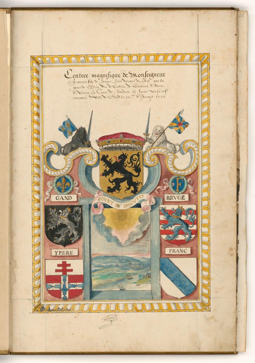 Titelblatt, Rahmen mit den Wappen von Gent, Brügge, Ypern und Frankreich sowie Ausblick in eine Flusslandschaft. in: Einzug des Herzogs von Anjou in Gent am 20. August 1582