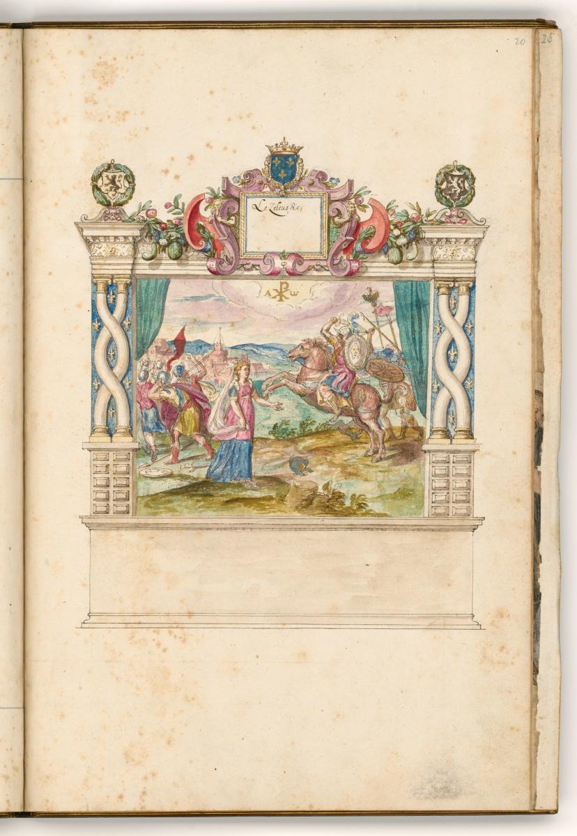 Kaiser Konstantin befreit Rom von seinem Tyrannen an der spitze eines siegreichen Heeres. Vorn tritt ihm begrüßend eine Frau entgegen. in: Einzug des Herzogs von Anjou in Gent am 20. August 1582