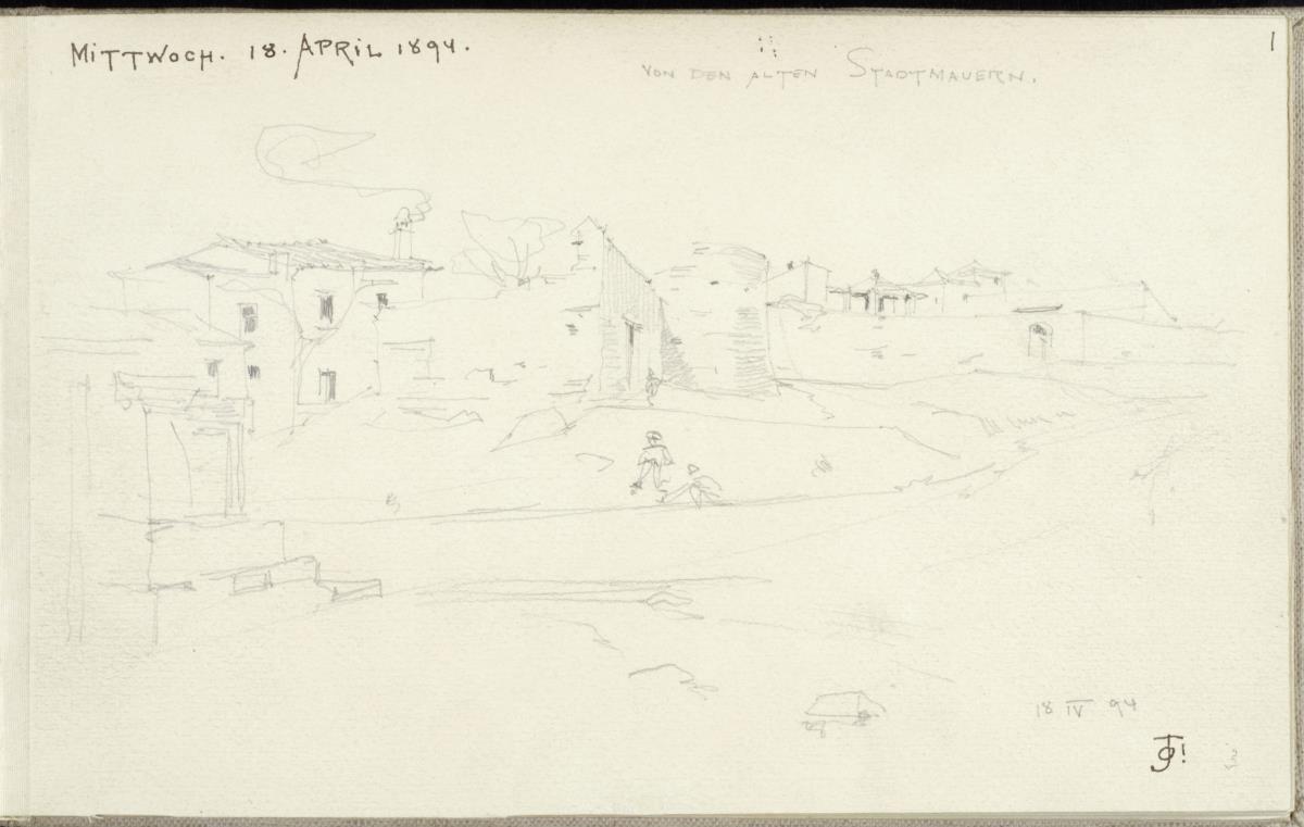 Mittwoch 18. April. 1894 / Reiseskizze, Ansicht einer Stadt mit Stadtmauer