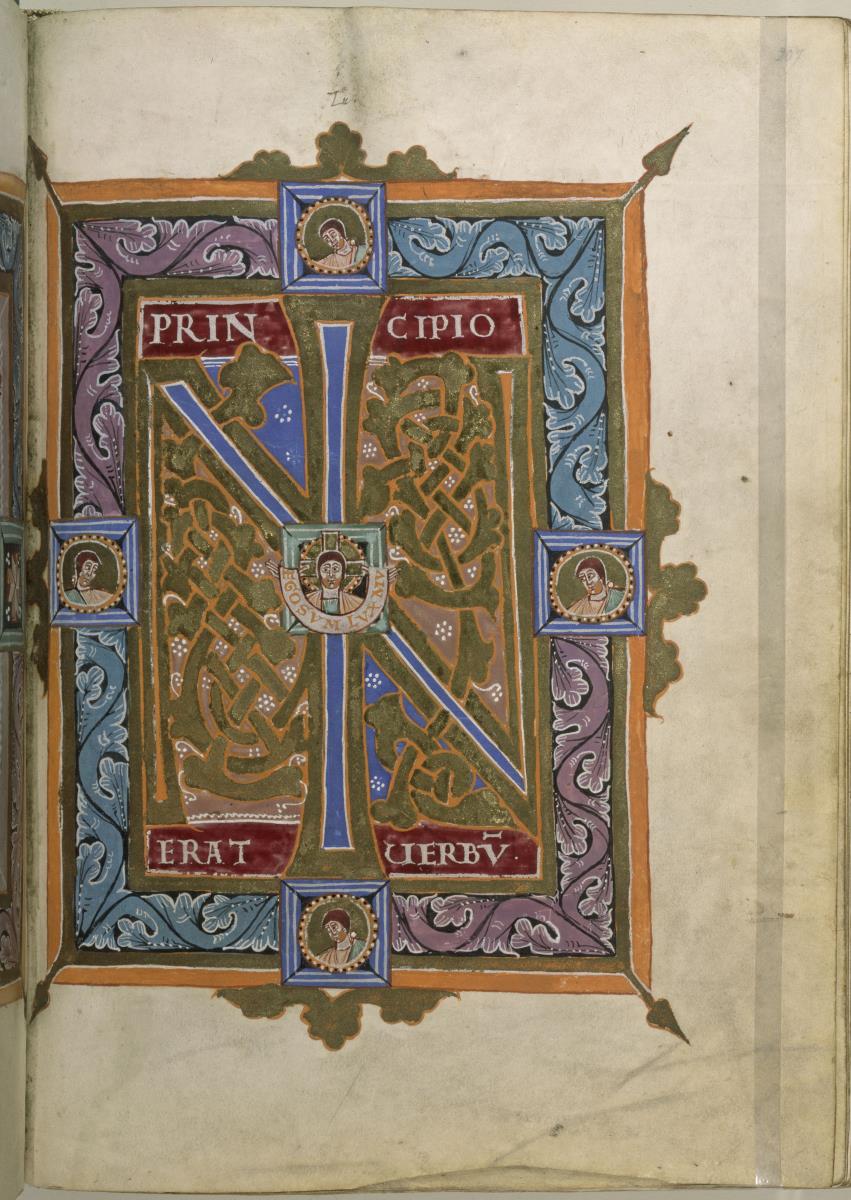 Evangeliar aus dem Abdinghofkloster Sankt Peter und Paul in Paderborn. Schrifttafel mit Initialen I und N