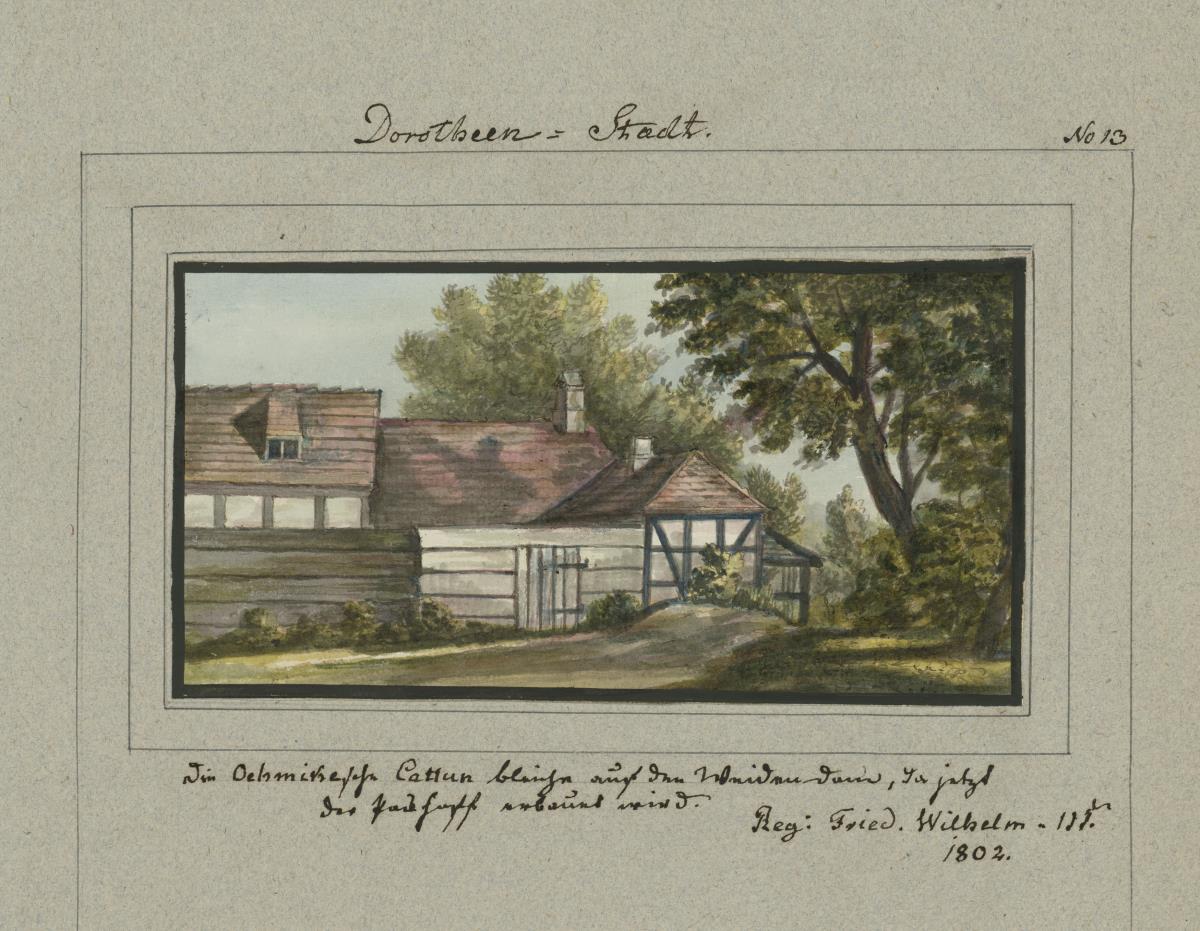 Dorotheen-Stadt. Die Oehmikesche Cattun Bleiche auf den Weidendamm, da jetzt der Packhoff erbauet wird. Reg: Friedrich Wilhelm IIIten. 1802