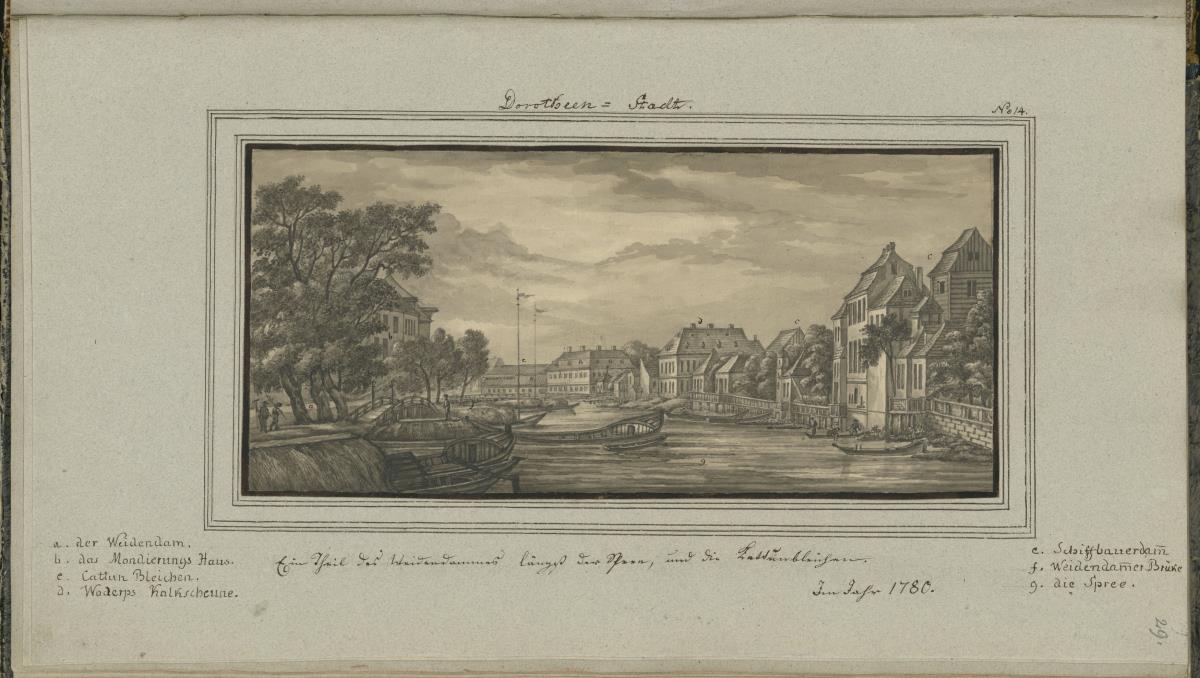 Dorotheen-Stadt. Ein Theil des Weidedammes längst der Spree, und die Cattunbleichen im Jahr 1780