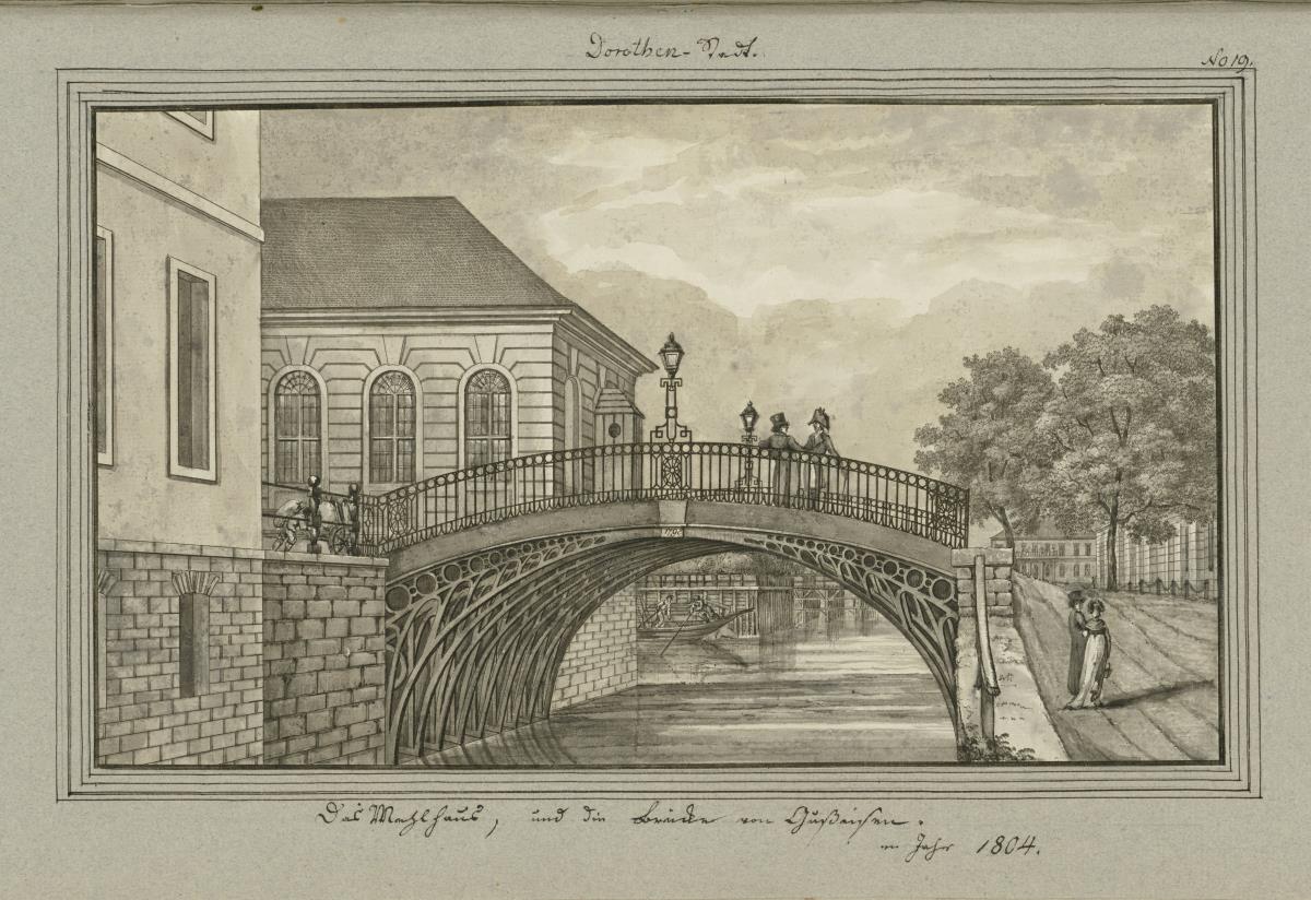 Dorothen-Stadt. Das Mehlhaus, und die Brücke von Gußeisen. im Jahr 1804.