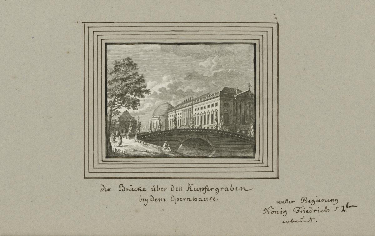 Die Brücke über den Kupfergraben bey dem Opernhause. unter Regierung König Friedrich d 2ten erbauet.