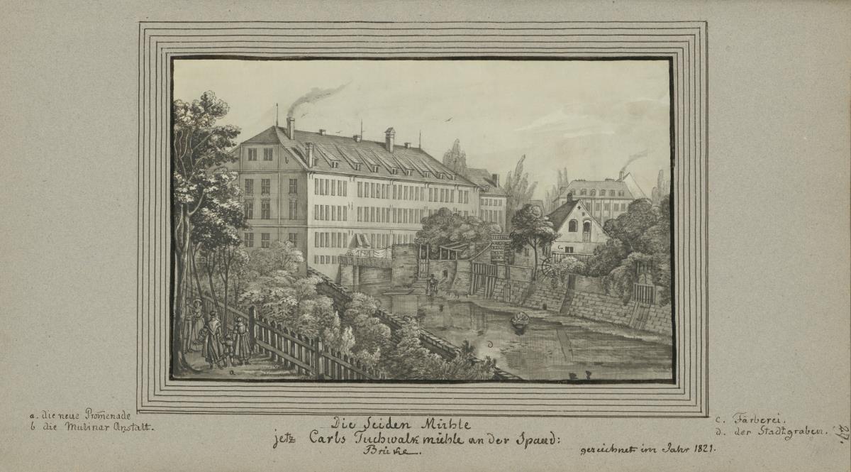 Die Seiden Mühle jetz Carls Tuchwalk mühle an der Spand: Brücke. gezeichnet im Jahr 1821