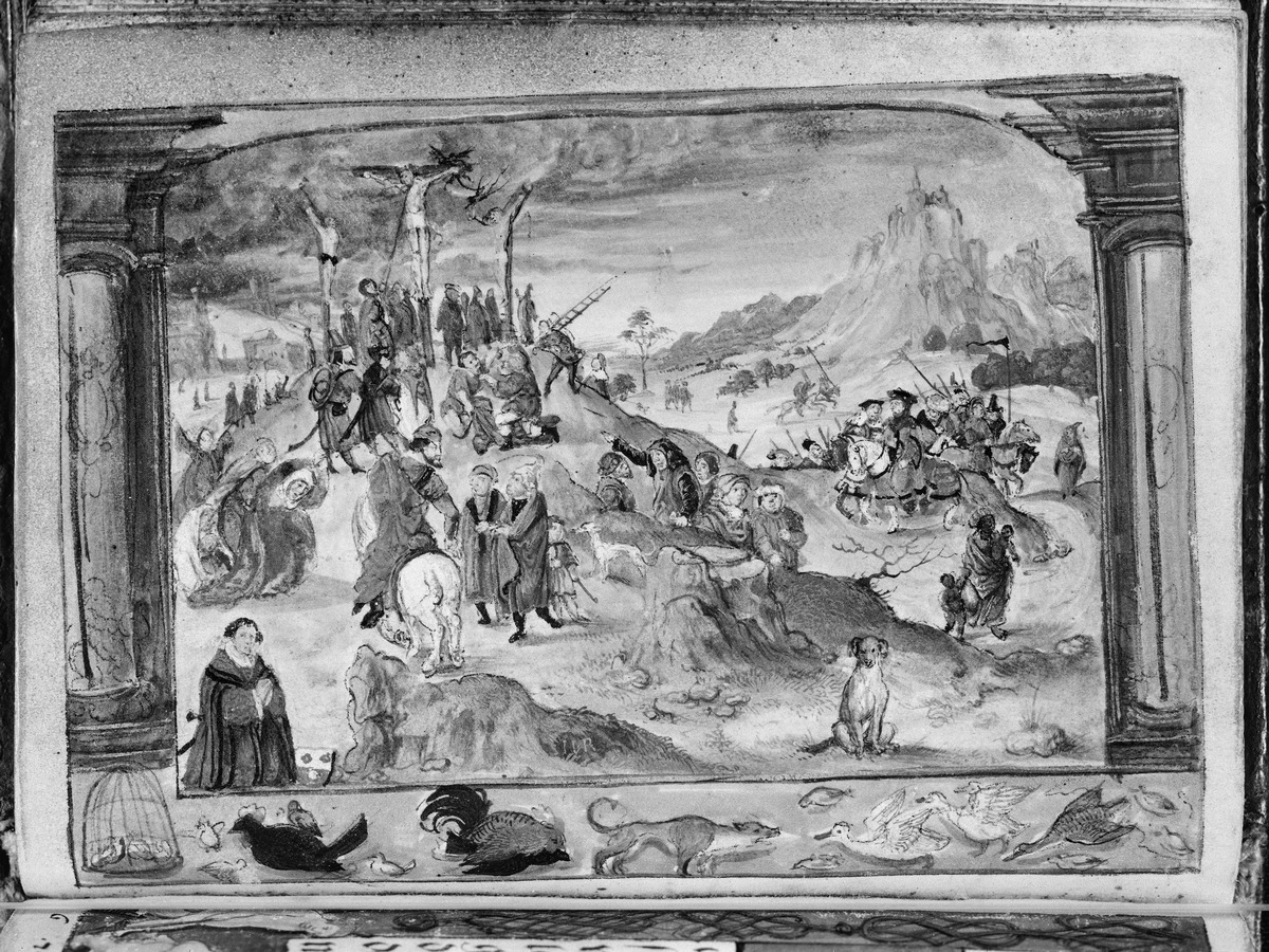 Gebetbuch des Matthäus Schwarz. Stifter kniend vor dem Bild Golgatha, im Hintergrund brennende Stadt