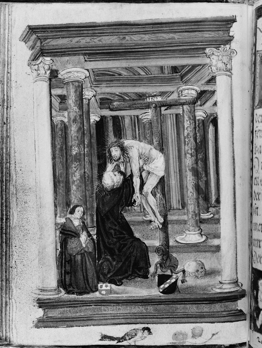 Gebetbuch des Matthäus Schwarz. Kreuzabnahme durch einen Priester (Bernhard), links der kniende Stifter