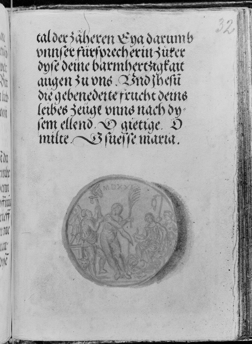Gebetbuch des Matthäus Schwarz. Text und mythologische Szene im Rund einer Medaille