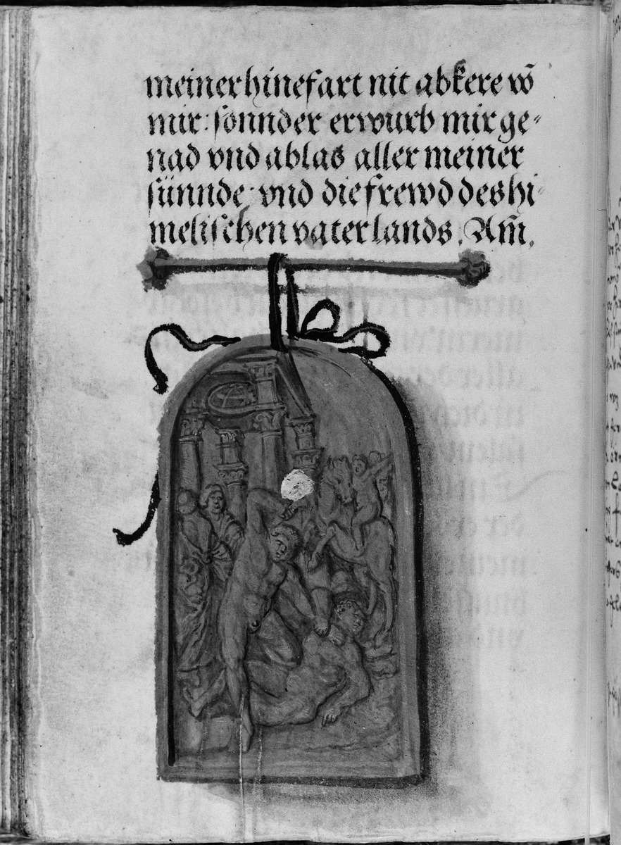 Gebetbuch des Matthäus Schwarz. Text und mythologische Szene in Form einer Platte an einer Stange hängend
