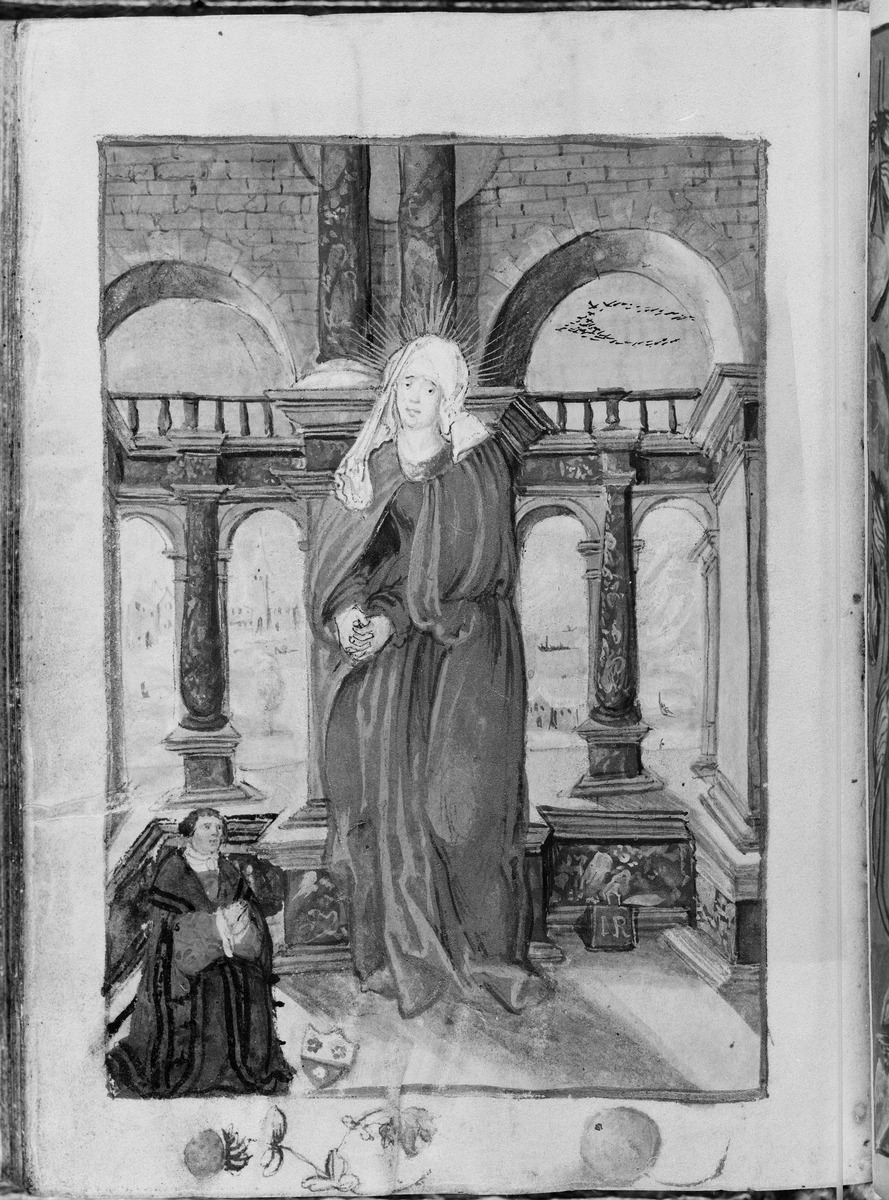 Gebetbuch des Matthäus Schwarz. Maria vor Architektur, links der Stifter kniend