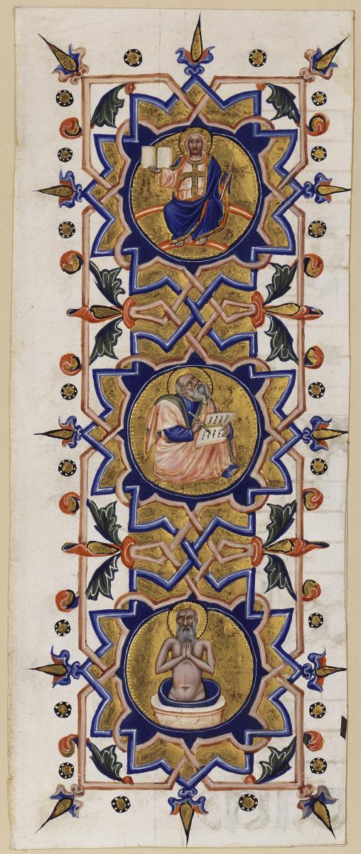 Initiale I, darin in drei Medaillons Christus als Weltenrichter, Johannes auf Patmos und das Martyrium des Evangelisten Johannes
