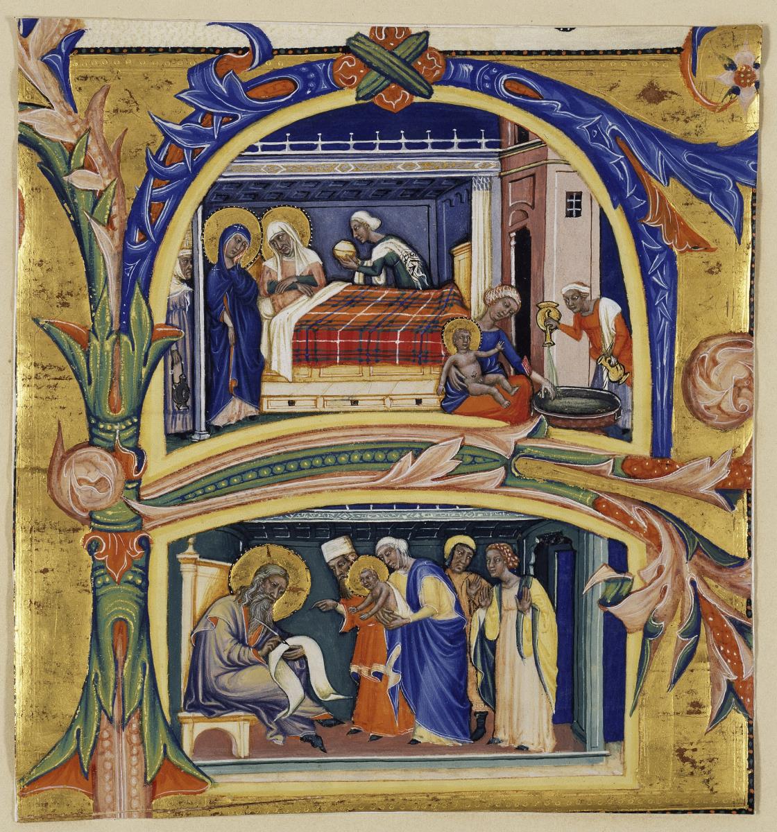 Initiale A mit Geburt und Darbringung Johannes des Täufers