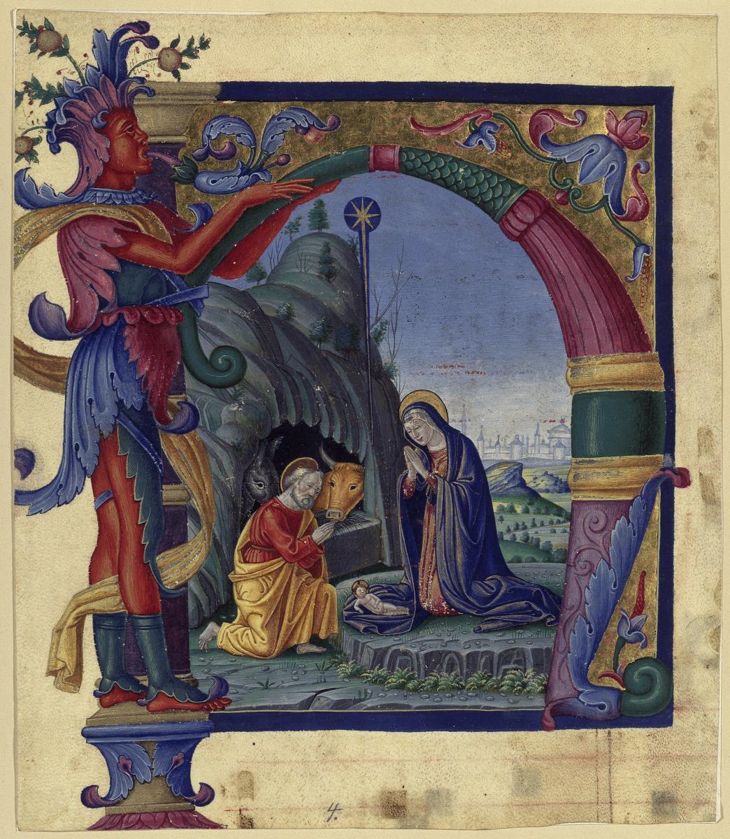 Große Initiale H (Hodie nobis) mit der Geburt Christi