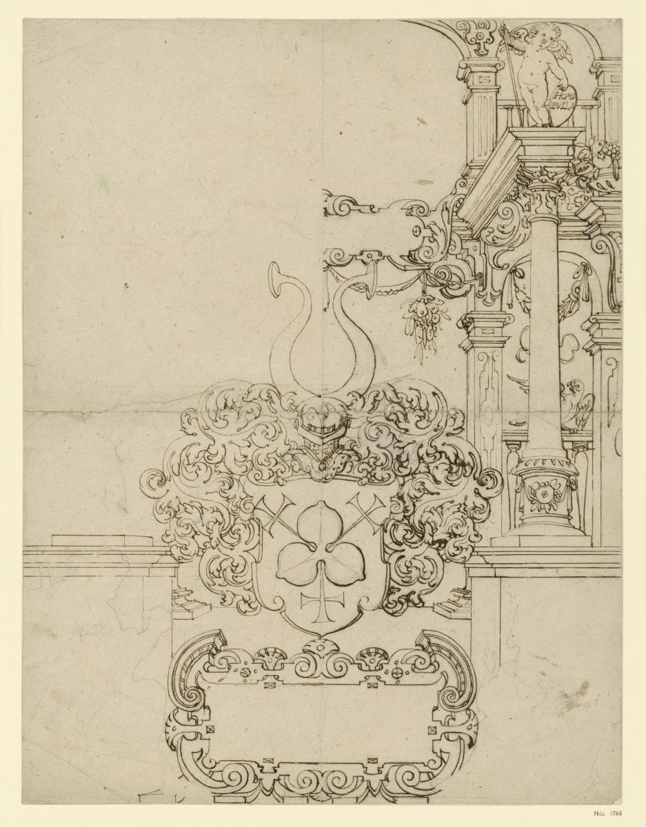 Wappen mit Dreiblatt und halbseitig ausgeführter Architekturumrahmung