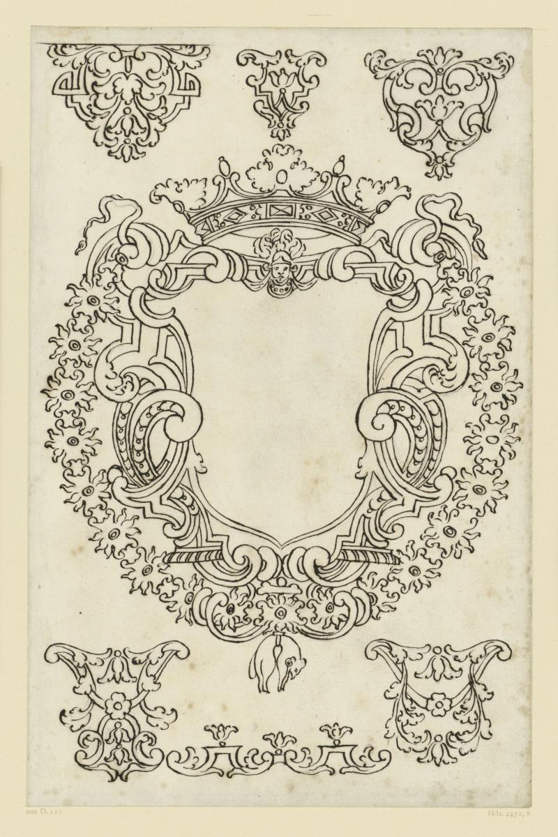 Goldschmiedeentwurf, großes Wappen mit Krone
