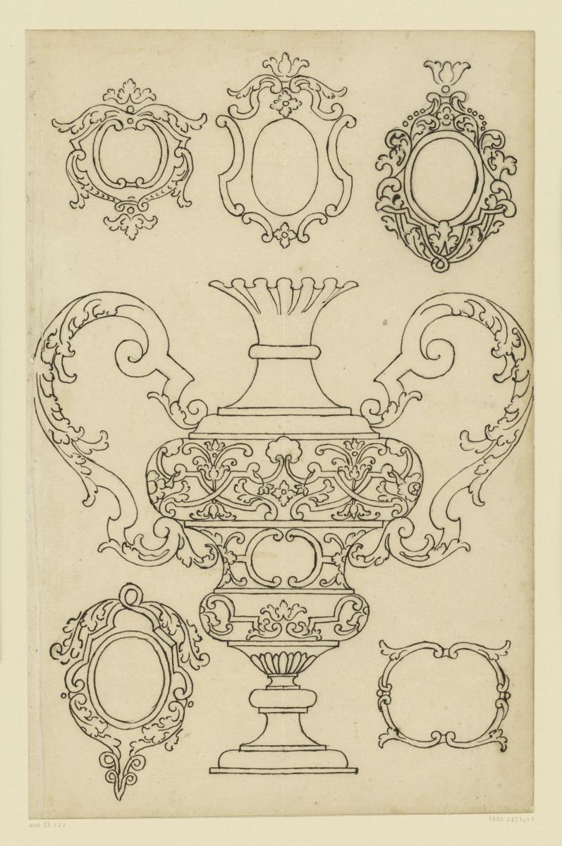 Goldschmiedeentwurf, Vase, fünf Kartuschen