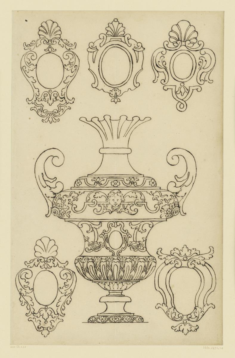 Goldschmiedeentwurf, Vase, fünf Kartuschen