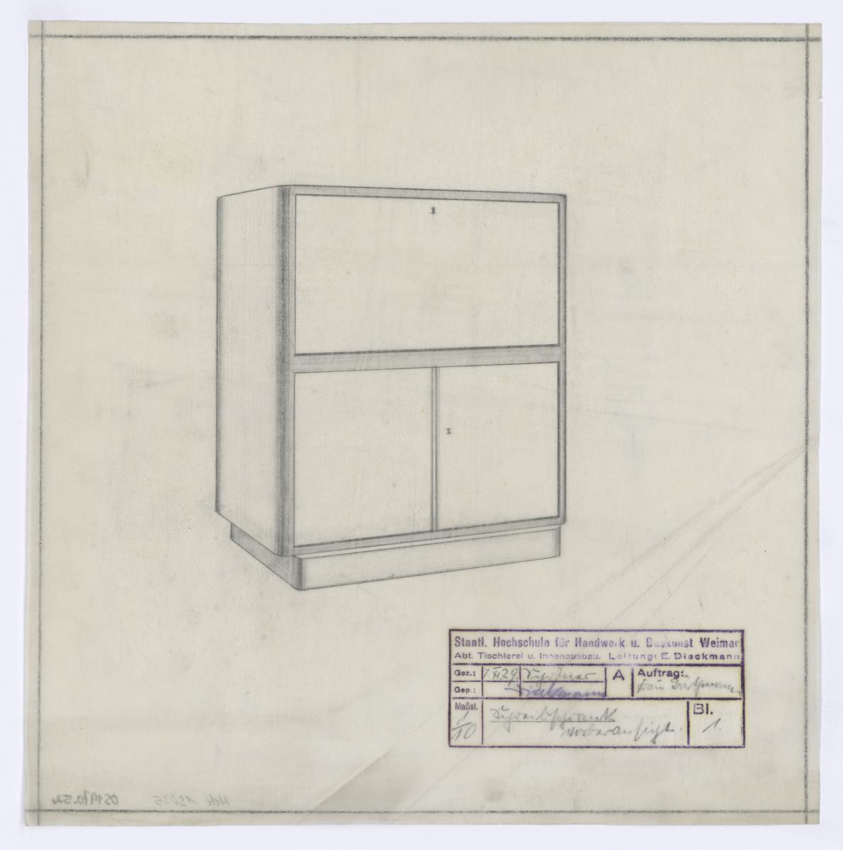 Schreibschrank, Vorderansicht, Auftrag Büthmann (Möbelentwürfe, Körpermöbel, Schränke)