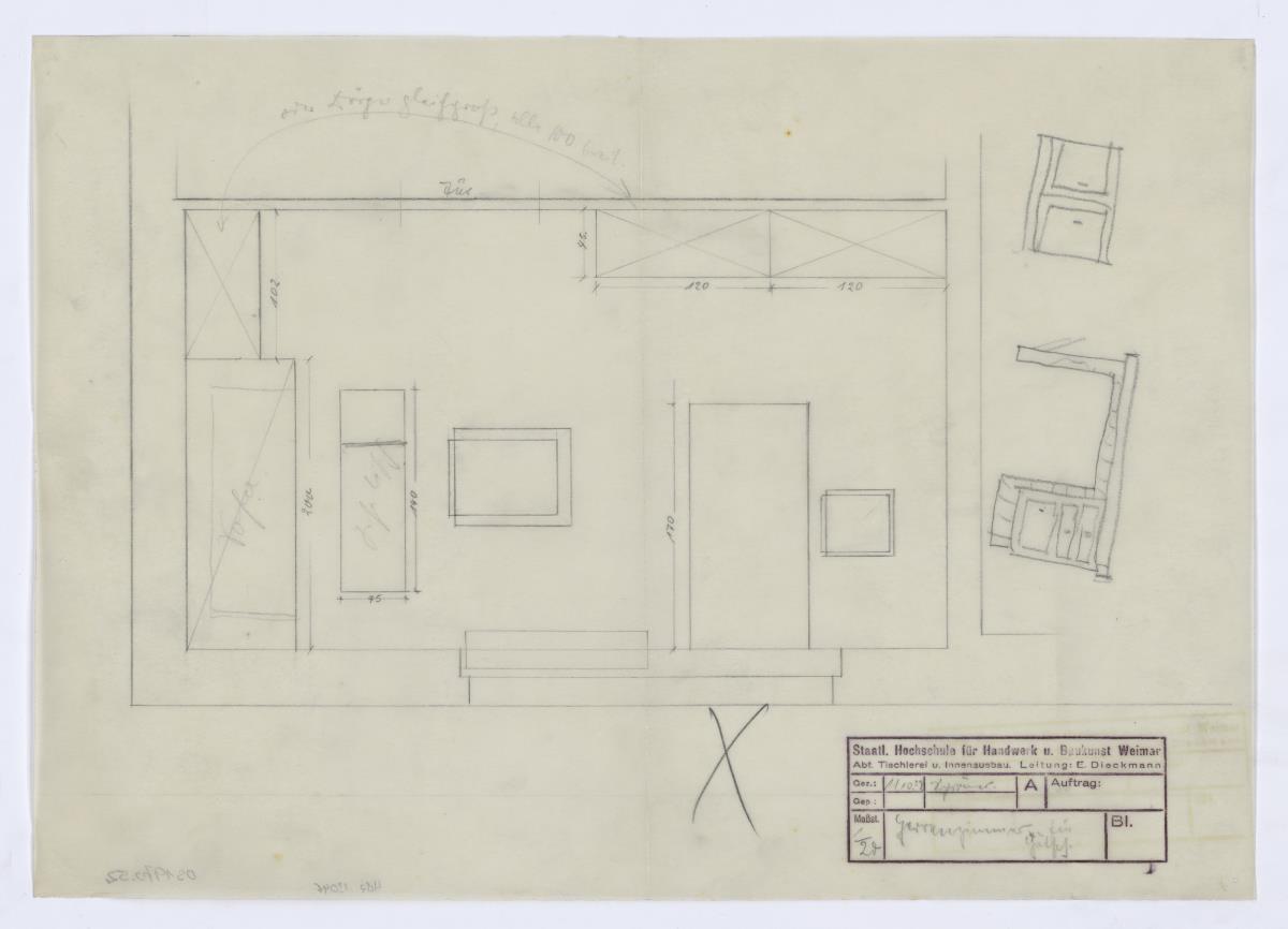 Herrenzimmer, Grundriss, Auftrag Götsch, Musikheim (Möbelentwürfe, Wohnräume)