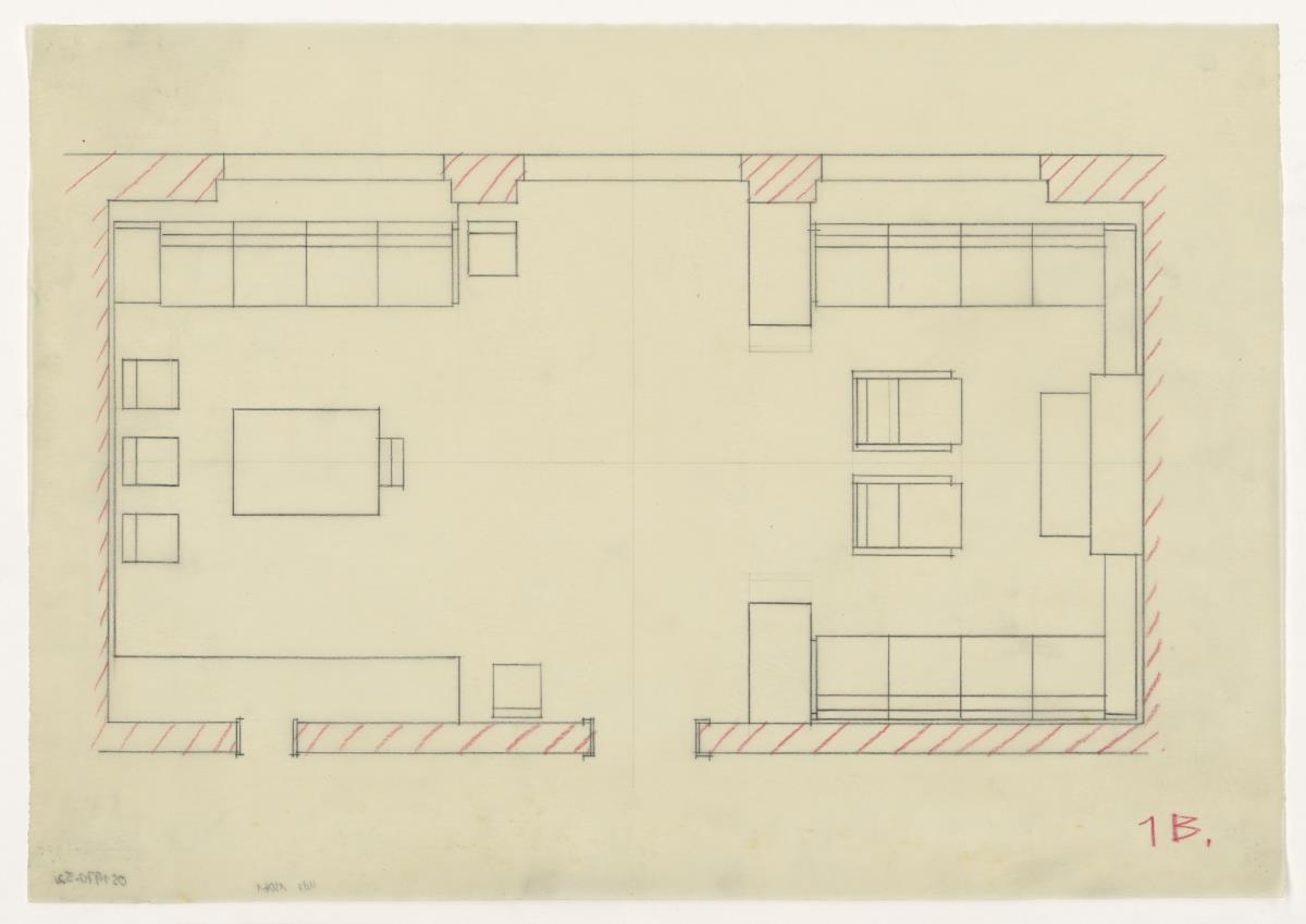 Wohn- und Esszimmer, Grundriss Variante, Auftrag Götsch, Musikheim (Möbelentwürfe, Wohnräume)