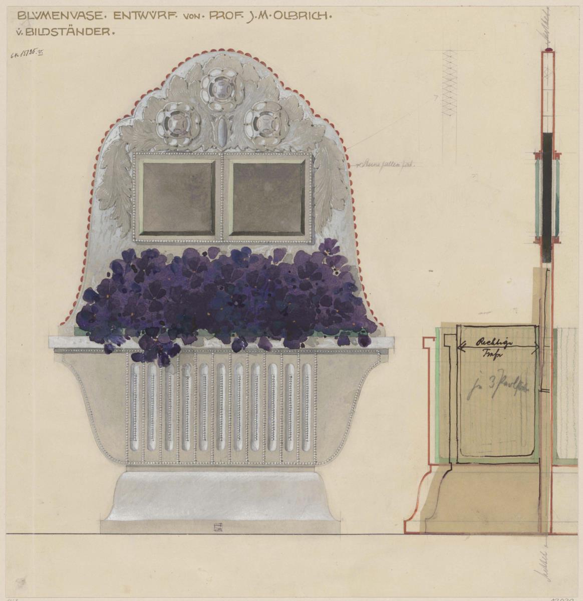 Bildständer, kombiniert mit Blumenvase, Aufriss und Seitenansicht