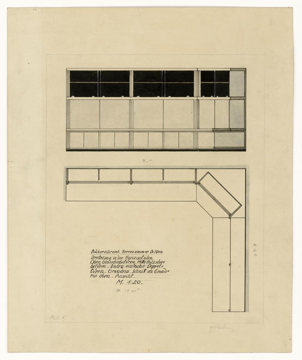 Herrenzimmer, Bücherschrank, Grundriss und Ansicht, Auftrag Klein (Möbelentwürfe, Körpermöbel, Schränke)