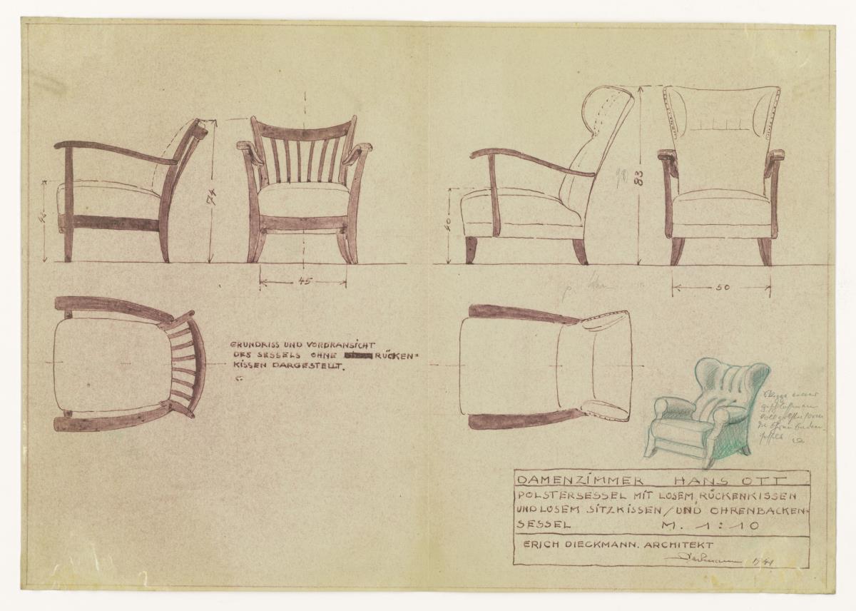 Damenzimmer, Polstersessel, Auftrag Ott (Möbelentwürfe, Sitzmöbel)