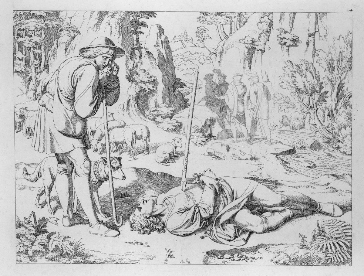 Golo wird in demselben Thale hingerichtet, in welchem er Genovefa und Schmerzensreich wollte morden lassen. Blatt 14 zu "Bilder zu Tiecks Genovefa von J. Führich"