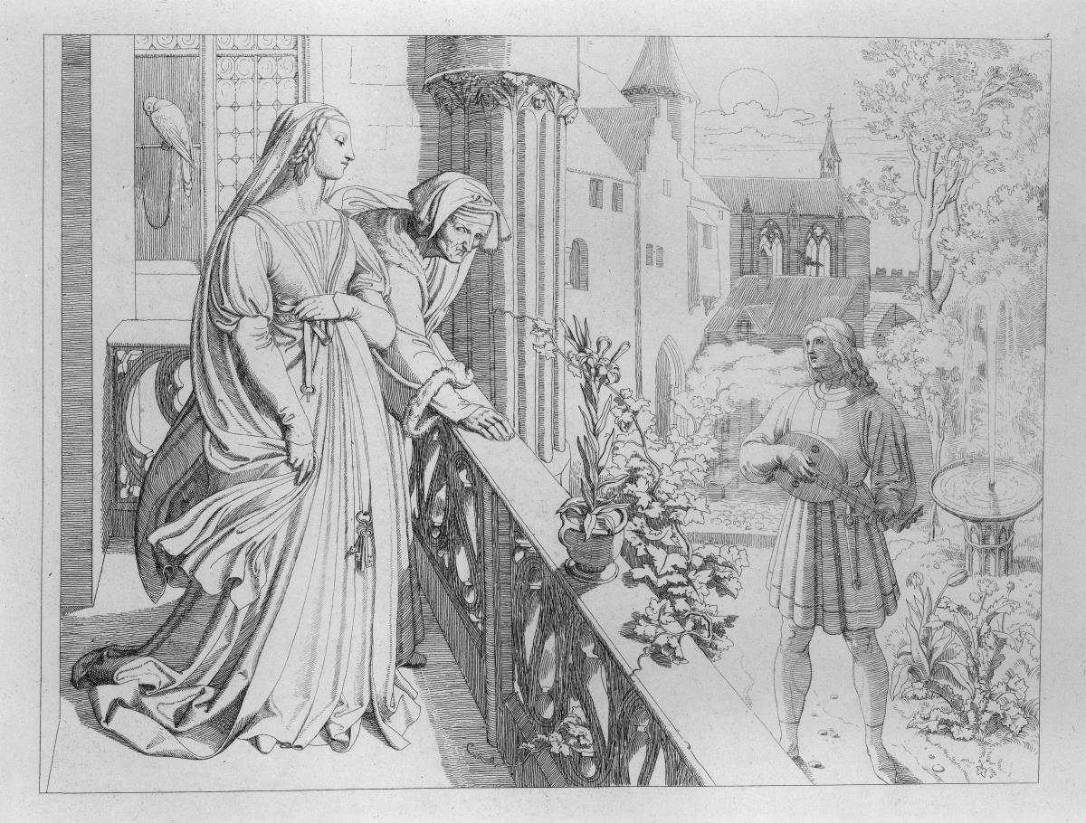 Genovefa, von Gertrud auf den Altan geführt, hört Golos Liebesklage. Blatt 5 zu "Bilder zu Tiecks Genovefa von J. Führich"
