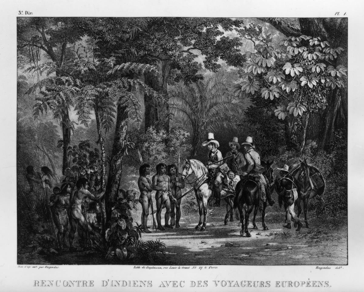 „Rencontre d'Indiens avec des yoyageurs européens“ (Begegnung einer europäischen Reisegruppe mit im Wald lebenden Indianern)