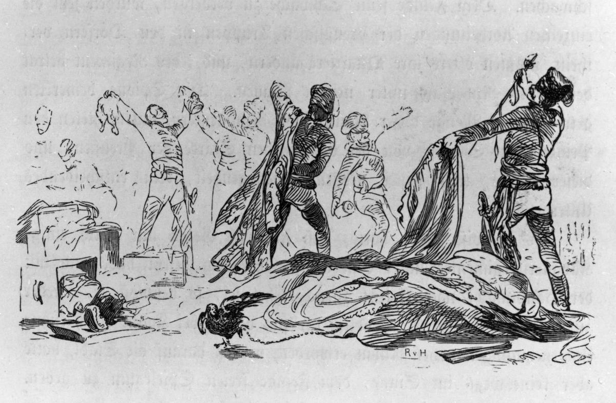 Die preußischen Husaren belustigen sich über das lächerliche Gepäck der aus Gotha geflohenen französischen Offiziere