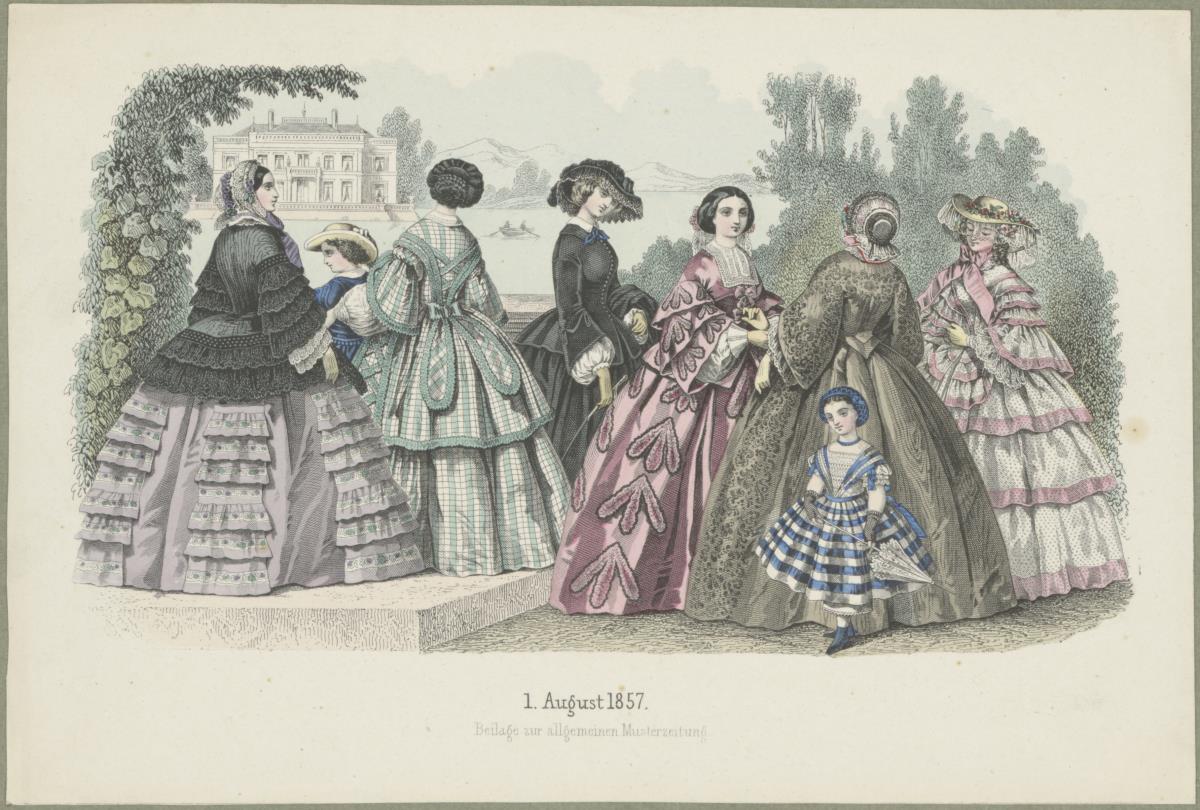 Allgemeine Musterzeitung August 1857: sechs Damen und zwei Kinder in eleganten Haus- und Promenadentoiletten