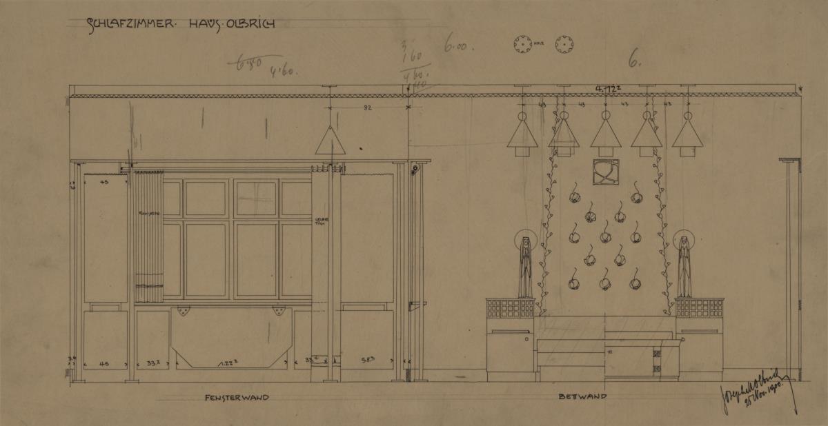 Darmstadt, Wohnhaus Olbrich, erstes Obergeschoss, Schlafzimmer, Aufrisse der Süd und Westwand