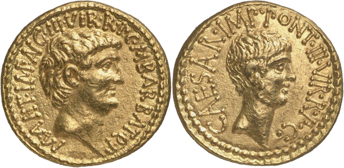 Röm. Republik: M. Barbatius Pollio, M. Antonius und C. Iulius Caesar (Octavianus)