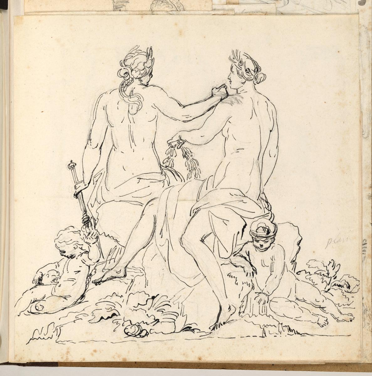 Schlosspark von Versailles, Aufnahmen von Skulpturen, Gruppe von zwei sitzenden Frauen mit einer Amorette