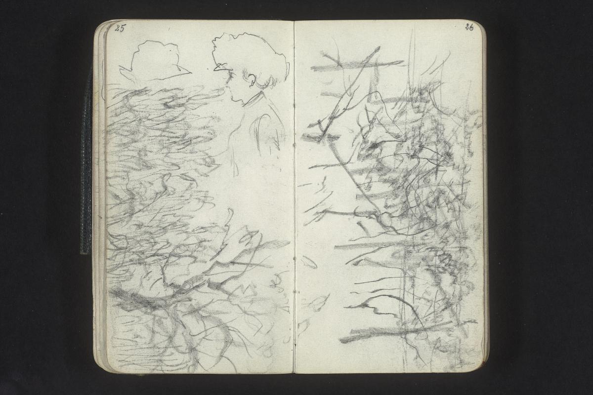 Frau mit Hut (Umriss), Baum und Gräser, Spalierbäume