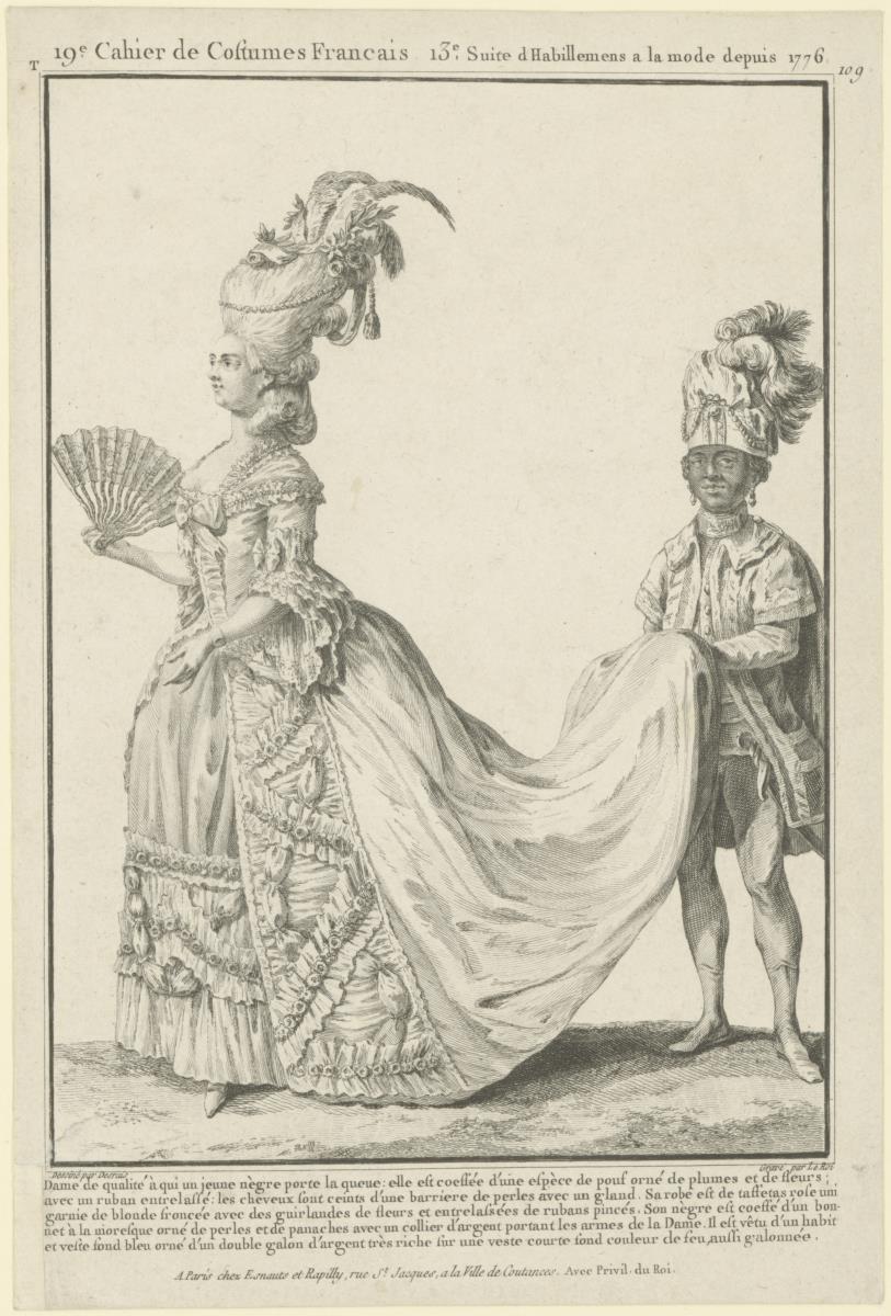 Gallerie des Modes et du Costume Français: Dame de qualité à qui un jeune nègre porte la queue. T.109
