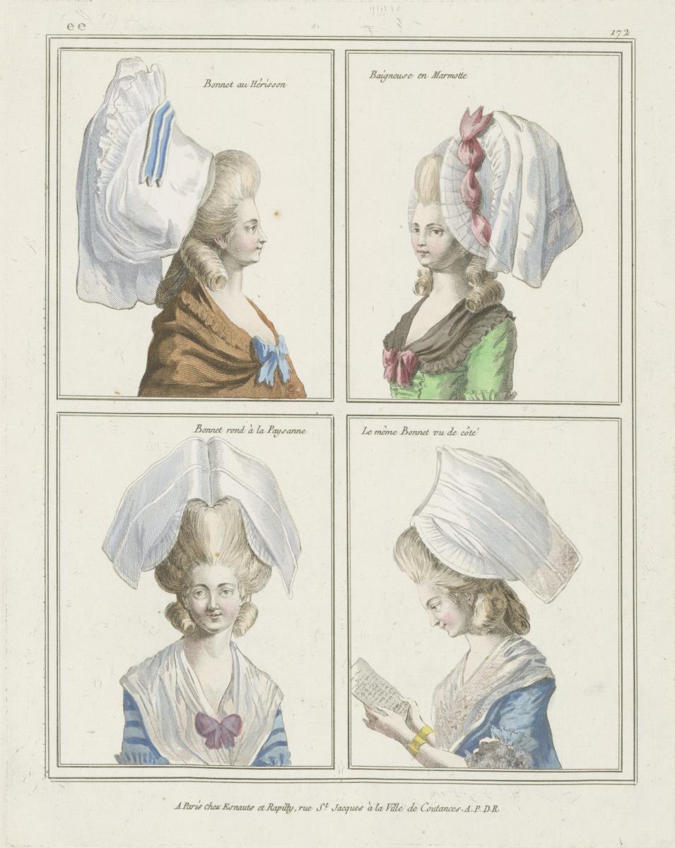 Gallerie des Modes et du Costume Français: Bonnet au Hérisson, Baigneuse en Marmotte, Bonnet rond à la Paysanne. ee.172