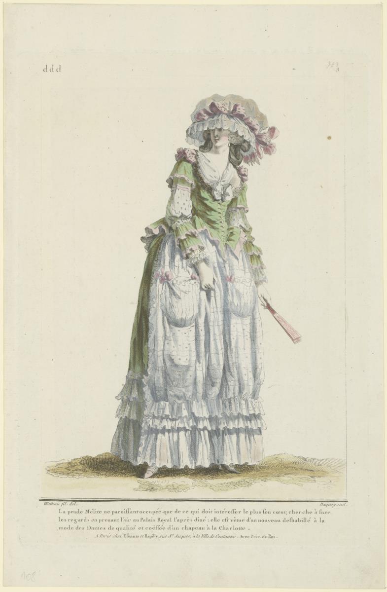 Gallerie des Modes et du Costume Français: La prude Mélite ne paroissant occupée que de ce qui doit intéresser le plus son coeur. ddd.303