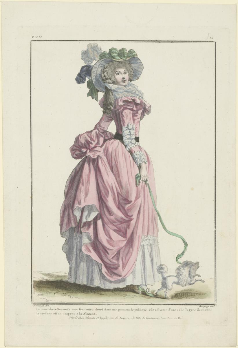 Gallerie des Modes et du Costume Français: La minaudiere Marinette avec son toutou cheri dans une promenade publique. eee.312