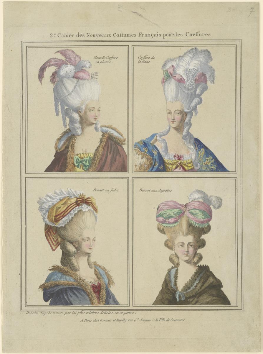 Gallerie des Modes et du Costume Français: Nouvelle Coiffure en plumes, Coiffure de la Reine, Bonnet au fichu. B.7