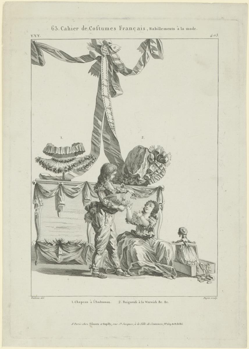 Gallerie des Modes et du Costume Français: Chapeau à l'Androman. Baigneuse à la Warwick. Y.Y.Y.403