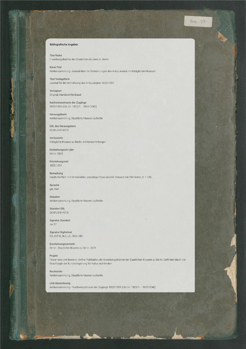 Journal für die Vermehrung des Antiquariums 1823-1851