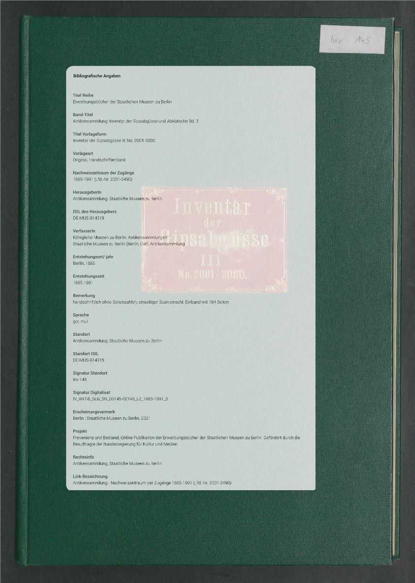Inventar der Gipsabgüsse III No. 2001-3000.