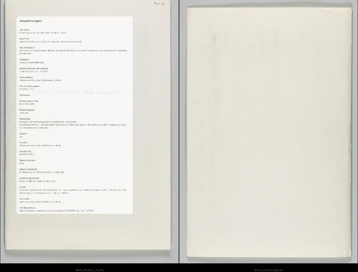 Teile eines (Gemmen)inventars offenbar Slg. Stosch übernommen aus alten Papieren des Kupferstichkabinetts durch Frau [Renate] Kroll