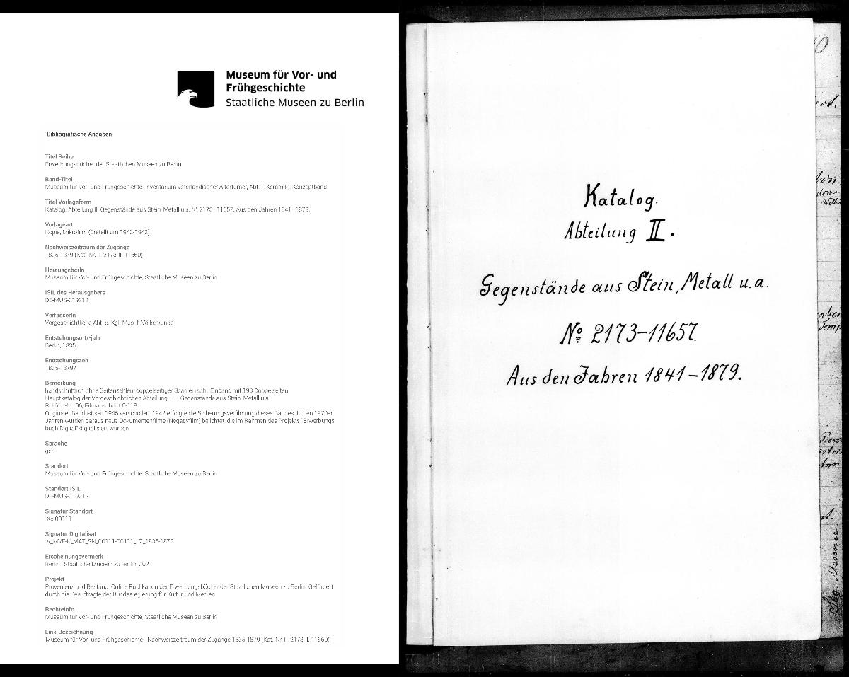 Katalog. Abteilung II. Gegenstände aus Stein, Metall u.a. N° 2173–11657. Aus den Jahren 1841–1879.